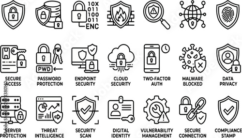 Vector illustration set of eighteen black and white cyber security icons depicting data protection methods including encryption shields locks and digital safety scanning network tools