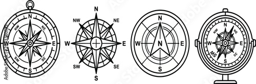 Set of four black and white vector compass illustrations featuring various navigation designs with cardinal directions for mapping travel exploration and nautical orienteering adventure projects