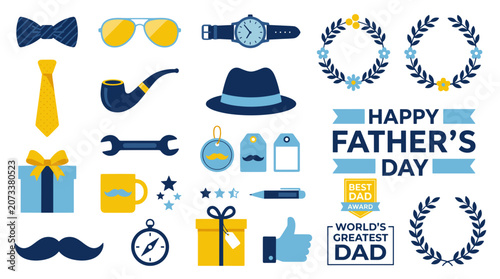 Photos Fathers day celebration icons and symbols including gifts, hats, mustache, and l