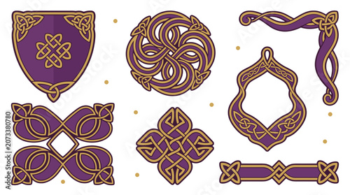 Set of celtic knot designs and symbols with intricate patterns and decorative elements