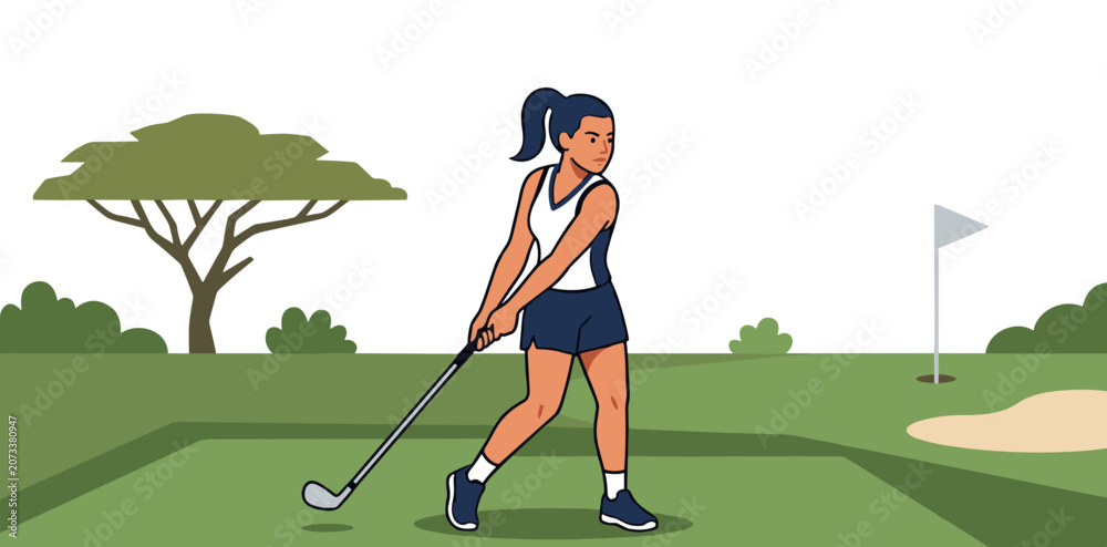 Obraz premium Dynamic flat vector poster of a focused asian left handed golfer preparing a powerful swing with club on a wide green golf course fairway under clear sky. Concept of competitive elite sports