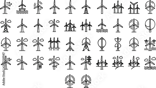 Comprehensive collection of black and white vector line art icons depicting various wind turbine designs for sustainable energy projects and modern green technology graphic design applications