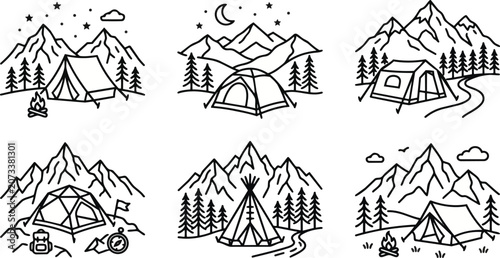Set of black and white vector line art illustrations depicting various outdoor camping scenes with tents mountains pine trees and adventurous wilderness nature hiking elements