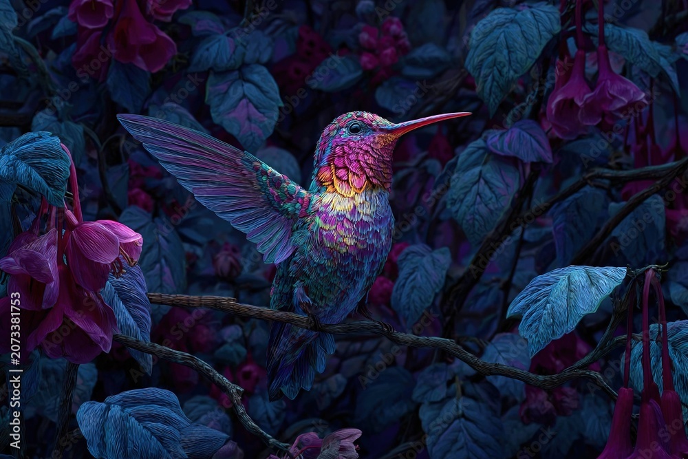 Obraz premium glowing hummingbird in a moonlit garden