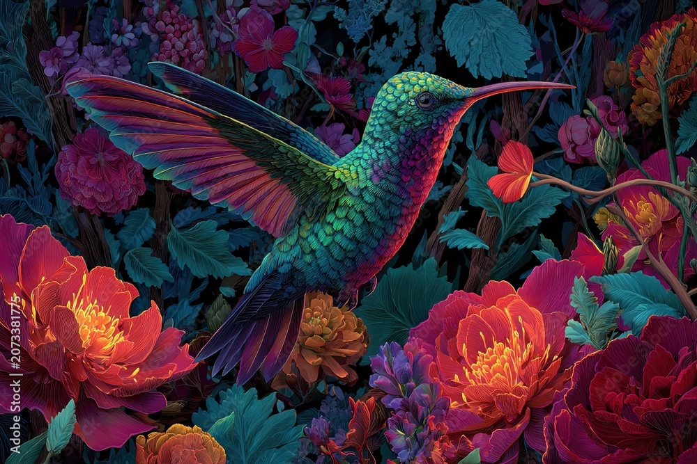 Obraz premium glowing hummingbird in a moonlit garden