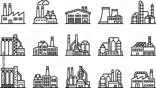 Set of industrial factory building vector icons featuring clean black line art designs representing various manufacturing plants and production facilities for modern professional graphic projects