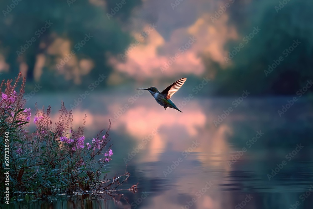 Obraz premium hummingbird flying over a calm river