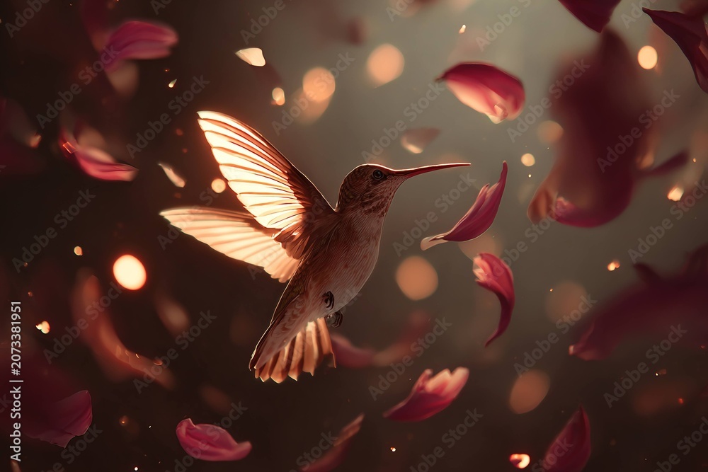 Obraz premium hummingbird flying through glowing petals