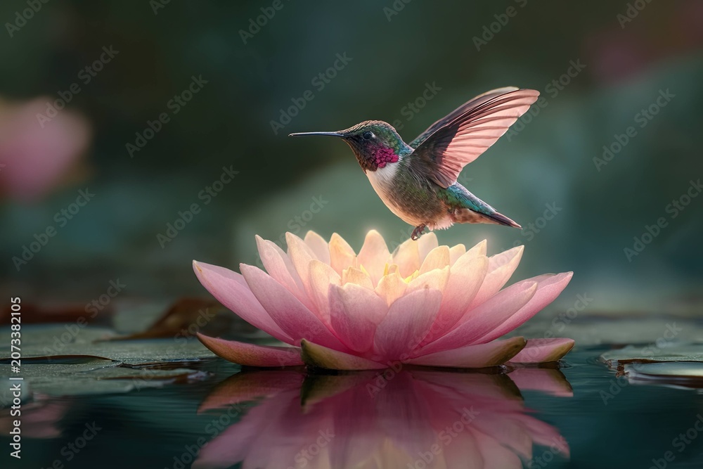 Obraz premium hummingbird resting on floating lotus flower