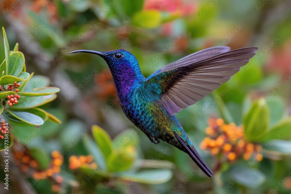 Obraz premium iridescent hummingbird mid-flight in a tropical garden