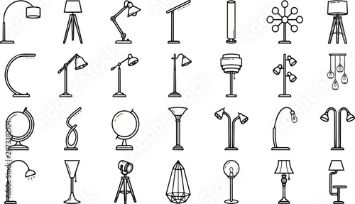 Professional vector illustration set of diverse indoor lighting fixtures including floor lamps desk lamps and decorative modern home furniture icons presented in a clean style