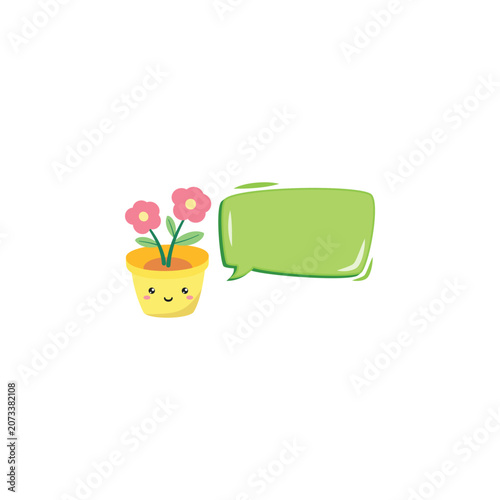 Cute Kawaii Potted Flowers with Green Speech Bubble Vector Illustration