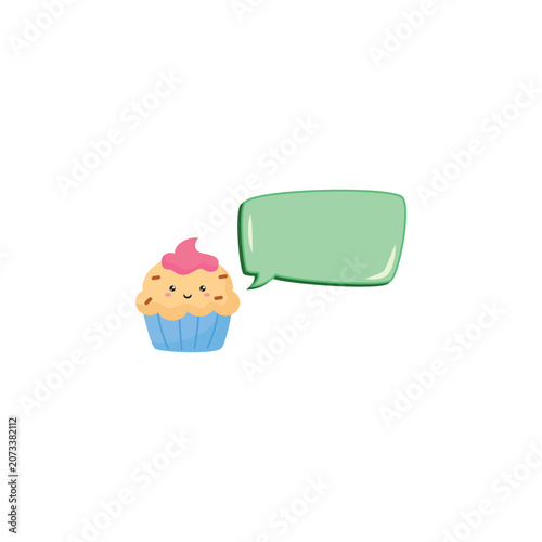 Cute Kawaii Cupcake with Green Speech Bubble Vector Illustration