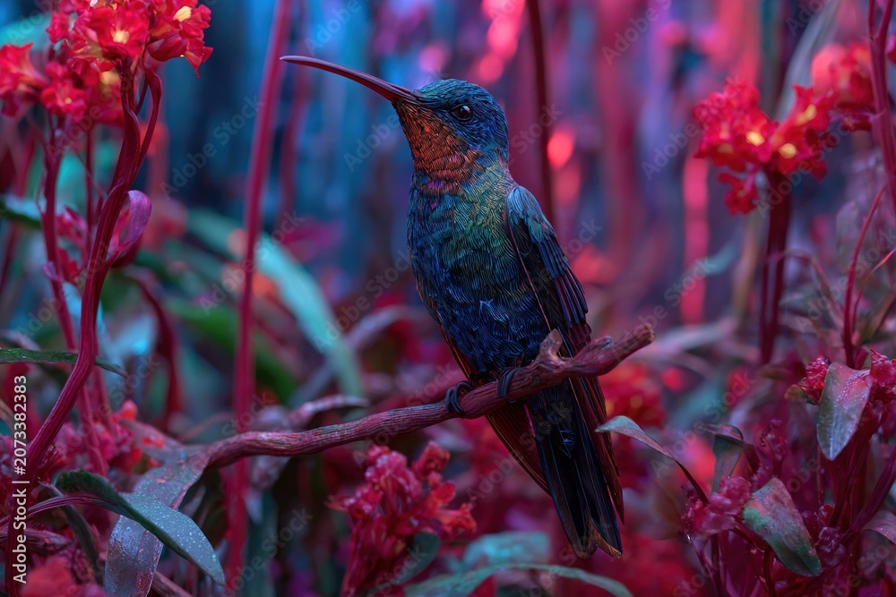 Obraz premium neon-colored hummingbird in futuristic jungle