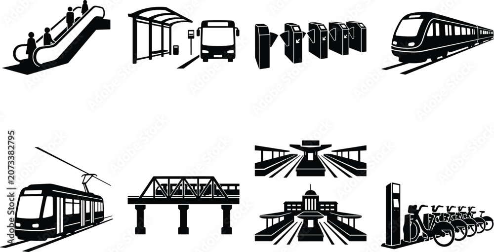 Obraz premium Public transport and transit infrastructure vector icon set featuring train subways bus stops escalators ticket barriers and bike sharing