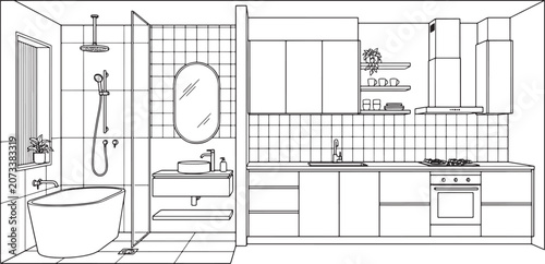 Interior design sketch of a modern bathroom and kitchen layout with minimalist furniture and clean line art