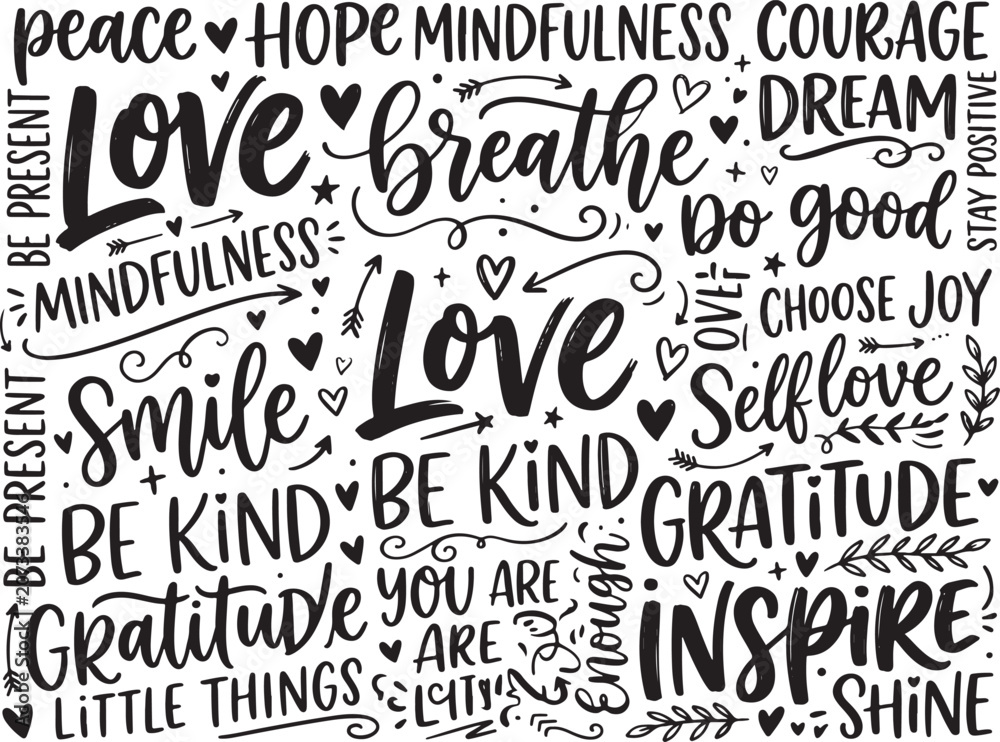 Obraz premium Hand-Drawn Positive Affirmations Word Cloud, Inspirational Typography Collage with Motivational Quotes for Mental Health and Wellness
