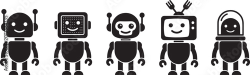 Fotografía Black and white line robot characters with smiling faces, antennas, and retro tv