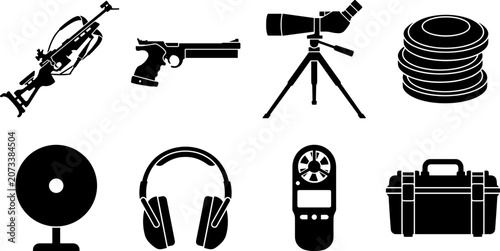 Valokuva Shooting sports and target practice equipment black silhouette icons set isolate