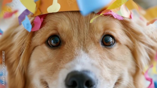Adorable golden retriever dog wearing a festive party hat and looking at the camera