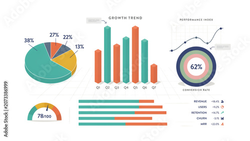 Fotografija Colorful infographic charts with pie, bar, and ring visuals on a clean backgroun
