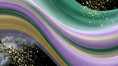 Abstract flowing waves in fresh purple, emerald green and gold creating luxurious artistic background with elegant fluid design