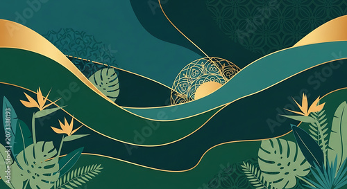 Luxury Tropical Landscape Abstract Background with Golden Geometric Lines and Exotic Floral Elements for Elegant Botanical Design