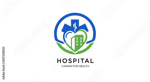 Modern Healthcare Facility Logo Featuring a Stylized Hospital Building Integrated with a Medical Cross and Caring Heart Shape Symbol for Medical Professionalism