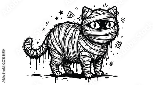 Foto Mummy Cat Illustration with Bandages and Dripping Texture in Black and White Fea