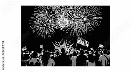 Foto Crowd Celebrating with Fireworks and American Flags