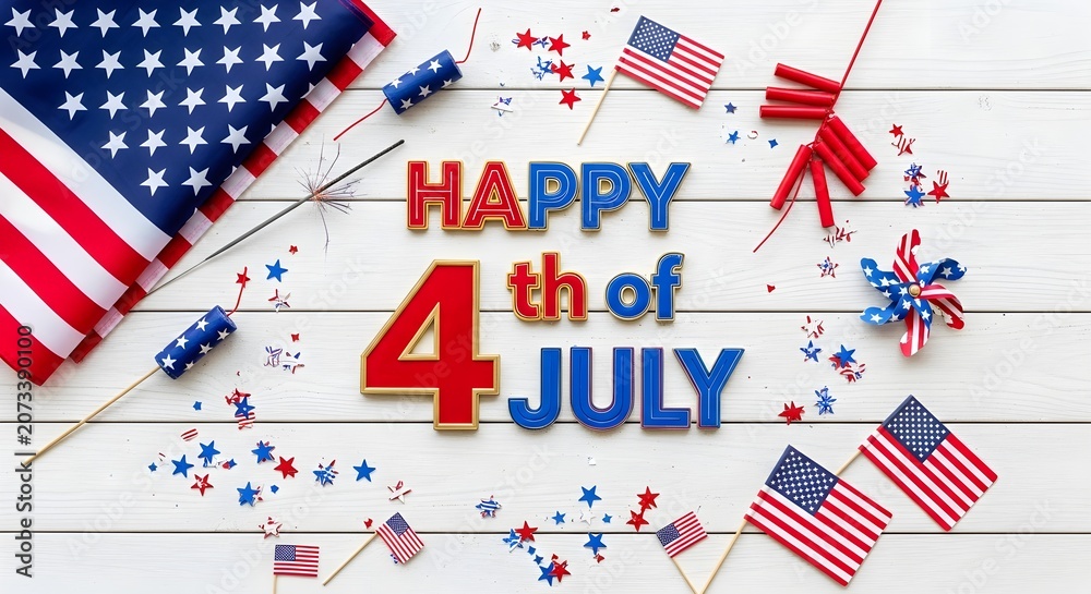 Obraz premium Happy 4th of july celebration background with american flags, fireworks, and festive decorations on a rustic white wooden surface