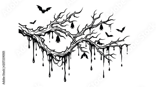 Foto Bat Silhouette in Dripping Molten Smoke Pattern with Bats Flying Overhead, Gothi