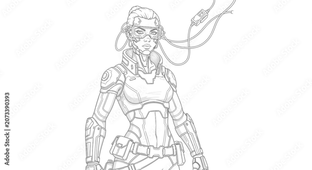 Fototapeta premium Cybernetic Female Soldier Line Art Illustration