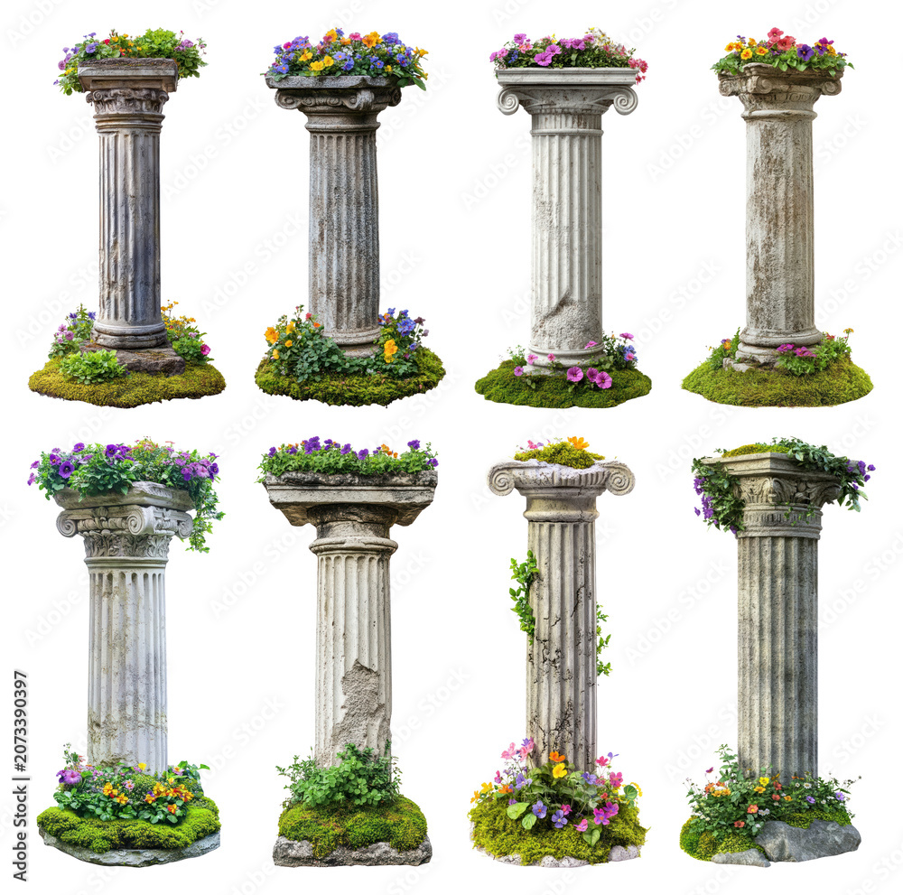 Naklejka premium PNG Ancient columns adorned with flowers on transparent background
