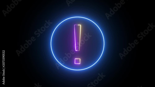 Neon light exclamatory text icon animation. neon sing animation on black background