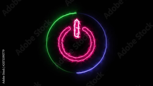 neon power icon and neon circle loop animation in black background