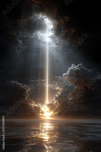 Intense White Light Beam Hitting Reflective Water Surface Through Dark Clouds