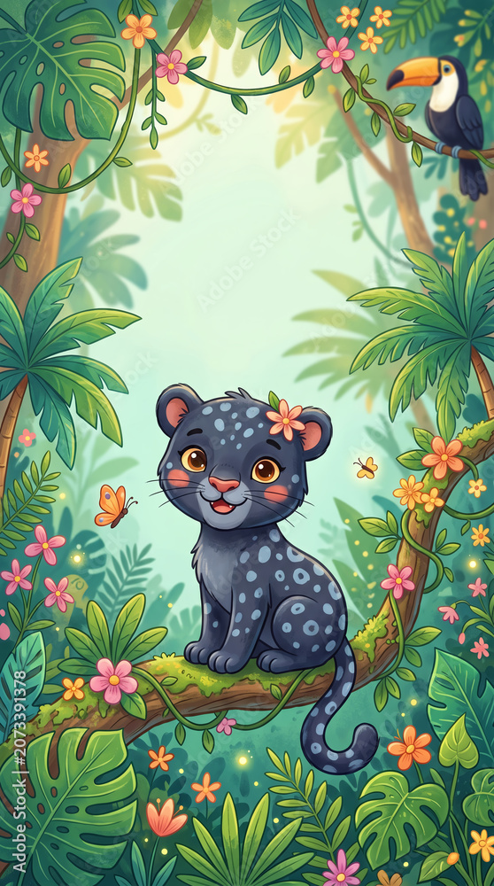 Fototapeta premium Cute baby black panther in jungle with copy space vertical