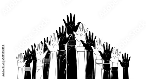 Foto Diverse Human Hands Raised Together for Unity and Equality