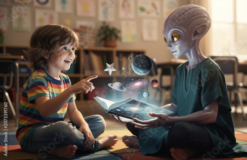 A child interacts with an alien while reading a glowing book in the classroom, in which planets can be seen