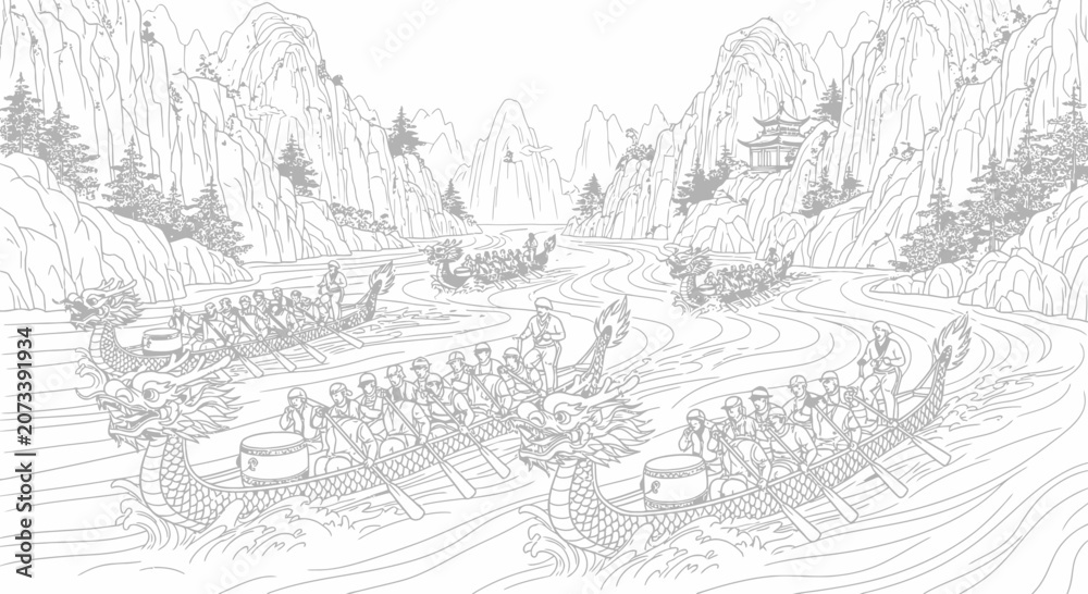 Fototapeta premium Dragon Boat Festival Racing Line Art Illustration