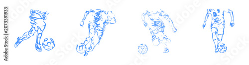 Hand drawn sketch collection of soccer player footwork and ball control actions with dynamic ink line art illustration.