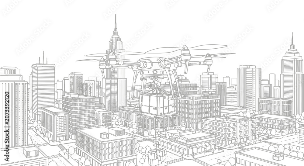 Fototapeta premium Drone Delivering Package Over City Skyline Sketch