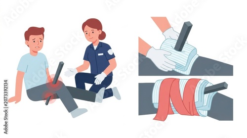 A scene of first aid being administered to a person with an impaled object in their leg.