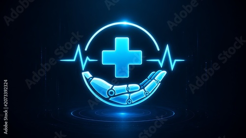 Futuristic Healthcare Technology with Medical Cross Robotic Hand and Heartbeat Digital Interface