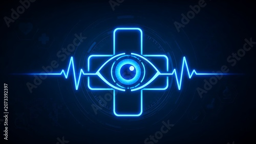 Futuristic Eye Care Technology With Medical Cross And Heartbeat Interface