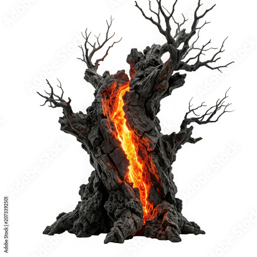 A surreal, charred ancient tree with a glowing molten lava core flowing through its cracked trunk, isolated on transparent background