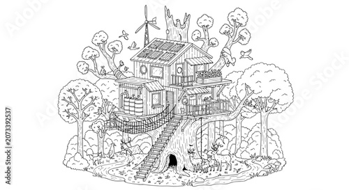 Photography Eco-Friendly Treehouse Coloring Page Illustration