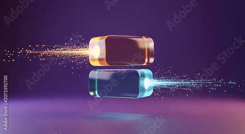 Illuminated rectangular objects with particle streams futuristic technology concept rectangle cuboid block