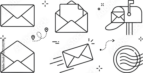 Foto Postal service and email communication outline icon set featuring envelope open